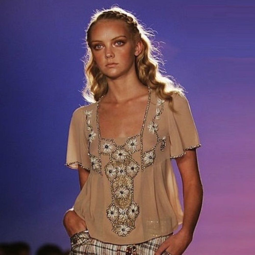 Designer Matthew Williamson Beaded Flounce Sleeve Sea Shell Top b84